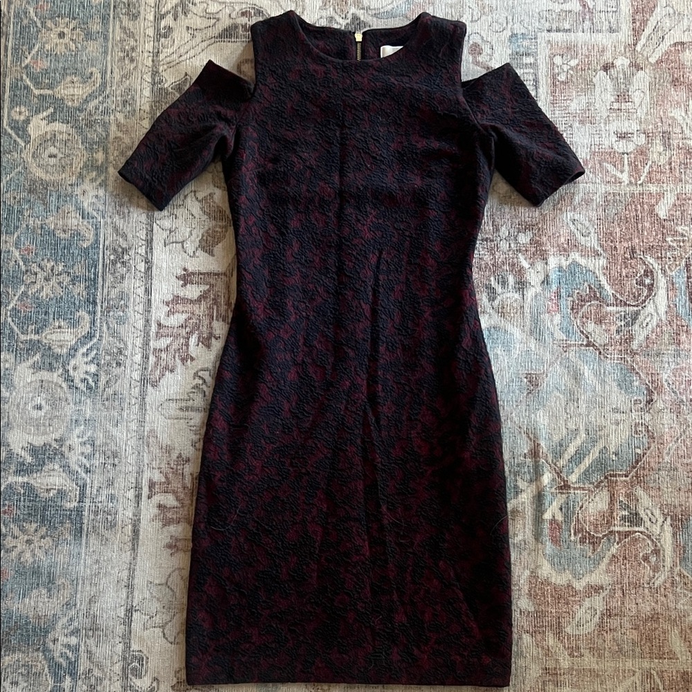 Michael Kors Black and Burgundy Cold-Shoulder Sheath Dress